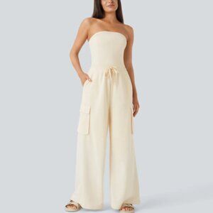 NWT Tube Drawstring Pockets Wide Leg Casual Cargo Jumpsuit, XL